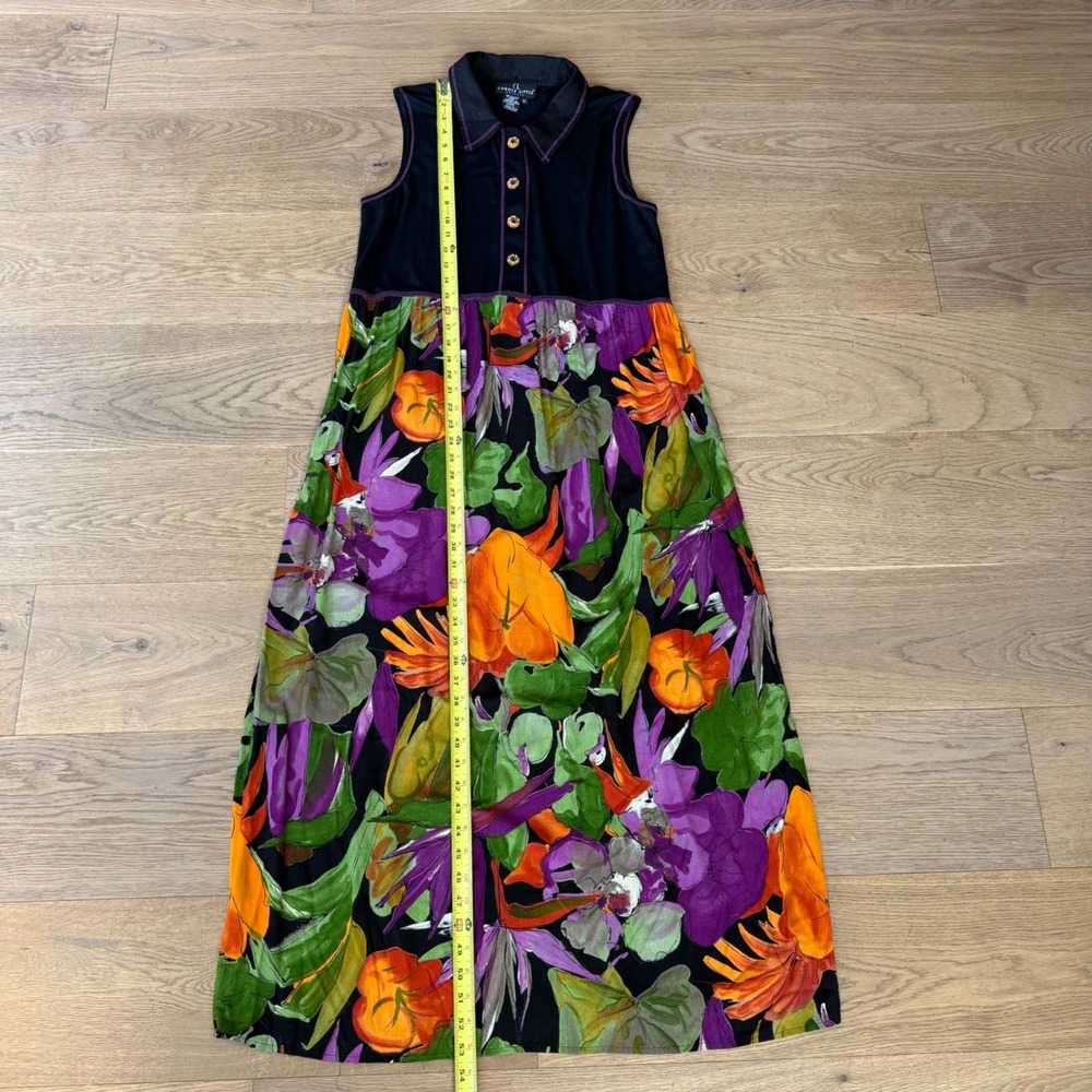 Carole Little Sleeveless Maxi Dress Black Floral Tropical Button Front USA 10 - Picture 8 of 10